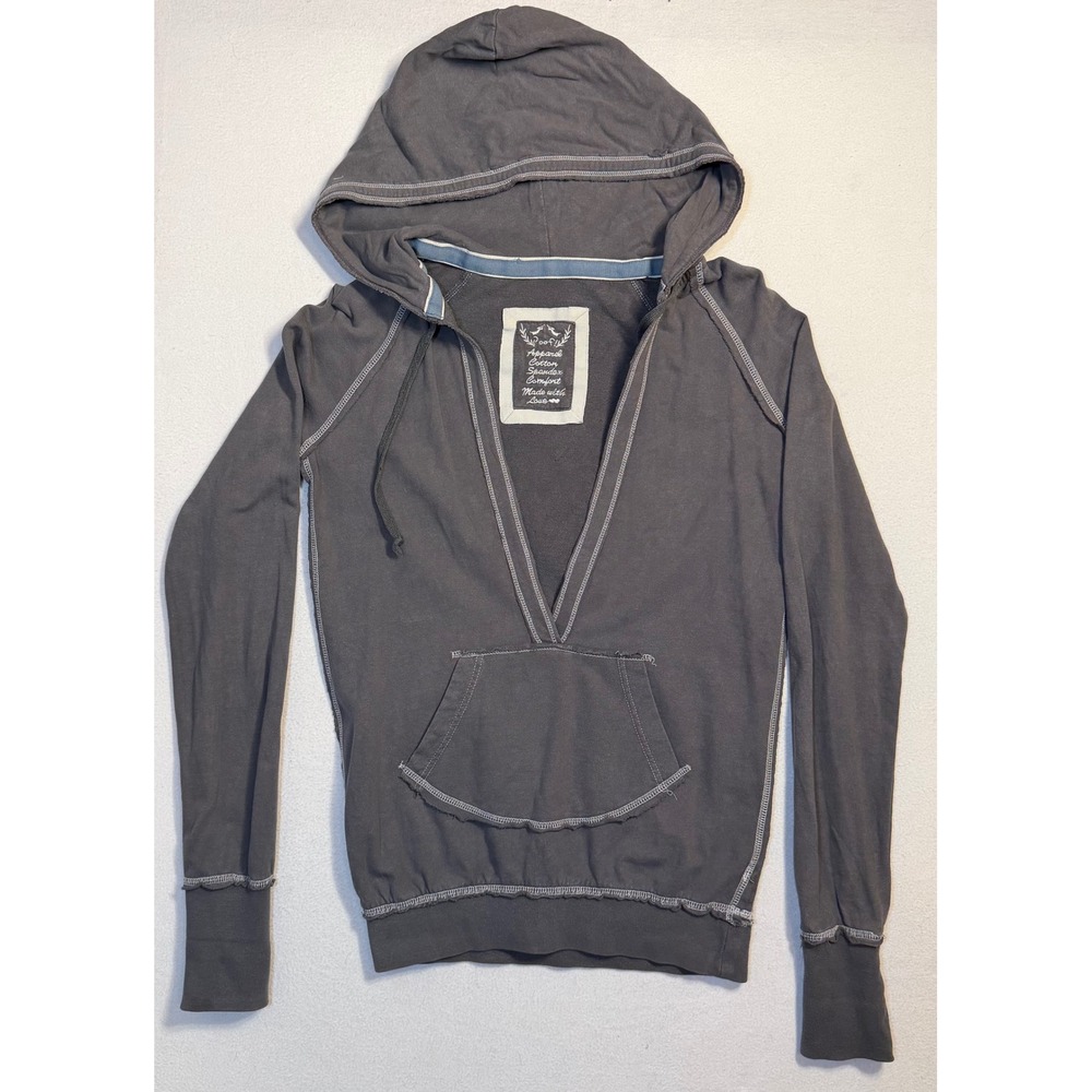 Poof! Apparel Charcoal Gray Deep V-Neck Hoodie Contrast Stitching 52617 Small